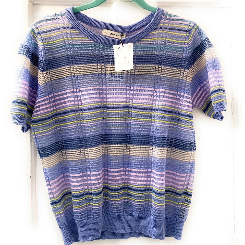 Zara Knit Purple 80's vibe striped Shirt - sz L